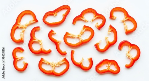 Vibrant red bell pepper slices scattered on a clean white background, fresh and healthy.
