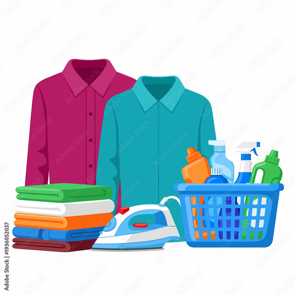 Fototapeta premium Illustration of laundry day essentials with shirts, folded clothes, iron, and cleaning supplies in a basket.