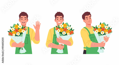 A man in a green apron holding a beautiful bouquet of colorful flowers, depicted in three different poses.