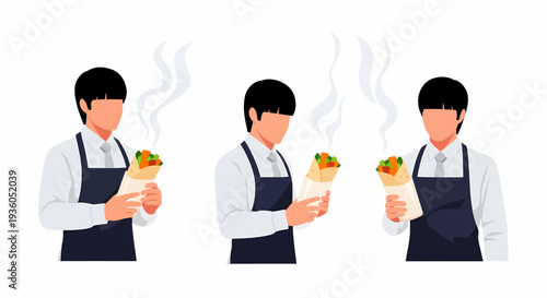 Three illustrated men in aprons holding steaming hot food wraps, ready to be served or eaten.
