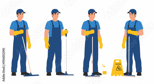 Professional cleaners in blue uniforms with yellow gloves performing various cleaning tasks.