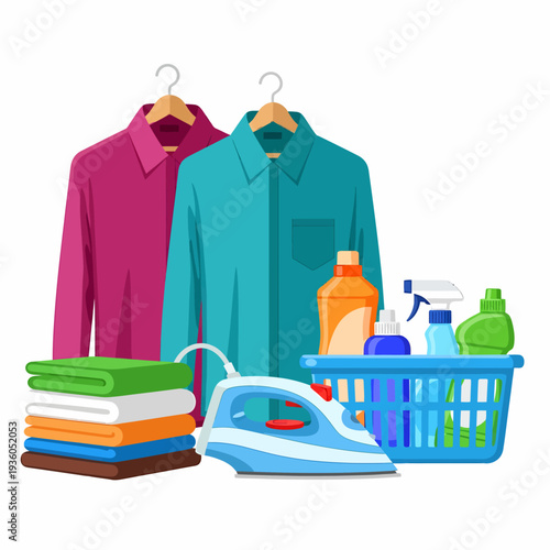 Laundry day essentials with shirts on hangers, folded clothes, an iron, and a basket of cleaning products.