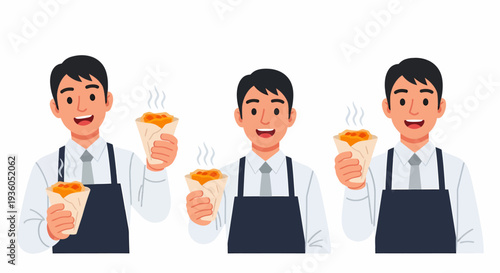 Three smiling cartoon men in aprons holding hot street food cones.