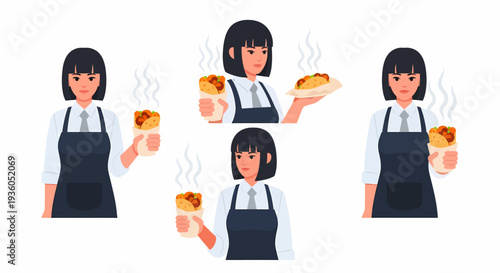 A collection of illustrations featuring a female server in an apron holding hot wraps or burritos, ready to serve customers.