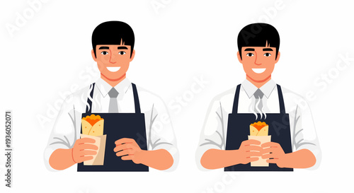 Two smiling male food vendors in aprons holding hot wrapped burritos or shawarmas, ready to serve customers.