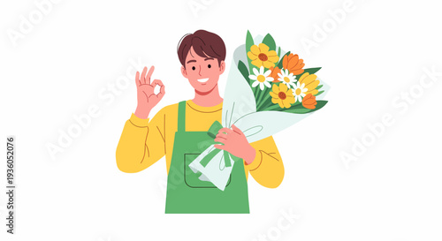 Smiling male florist holding a beautiful bouquet of sunflowers and daisies, making an OK gesture.