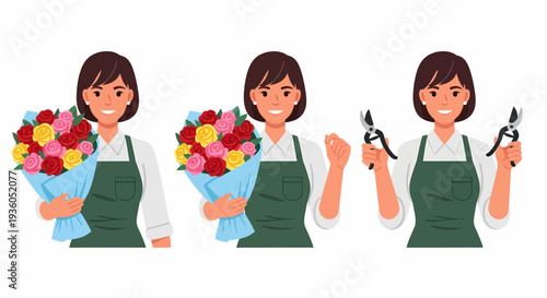 Smiling woman florist in apron holding vibrant rose bouquets and flower cutting tools.