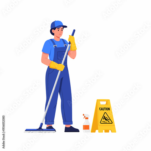 Professional cleaner in uniform holding a mop with a wet floor sign and spray bottle.