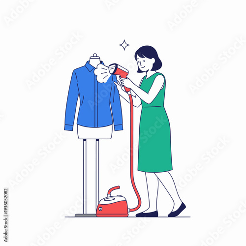 A woman in a green dress is steaming a blue shirt on a mannequin with a garment steamer.