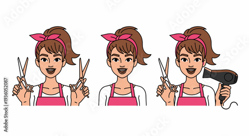 A cartoon illustration of a smiling female hairdresser wearing a pink apron and headband, holding scissors and a hairdryer.