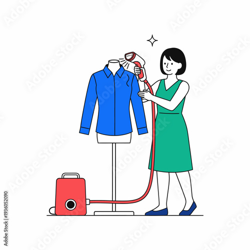 A woman in a green dress is steaming a blue shirt on a mannequin with a red garment steamer.