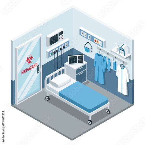 Hospital Room with Medical Equipment and Bed.