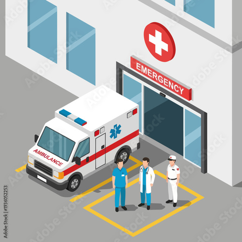 Ambulance and Medical Staff Outside Hospital.