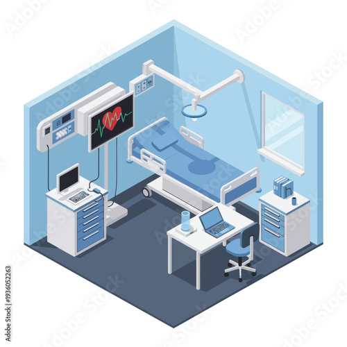 Hospital Room with Medical Equipment and Bed.