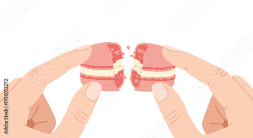 Two human hands carefully break a single pink macaroon in half, revealing its sweet white cream filling against a clean white background.