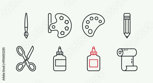 Art supplies icons brush palette scissors glue