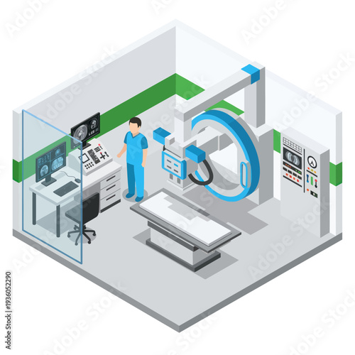 Medical Imaging Room with MRI Machine and Technician.