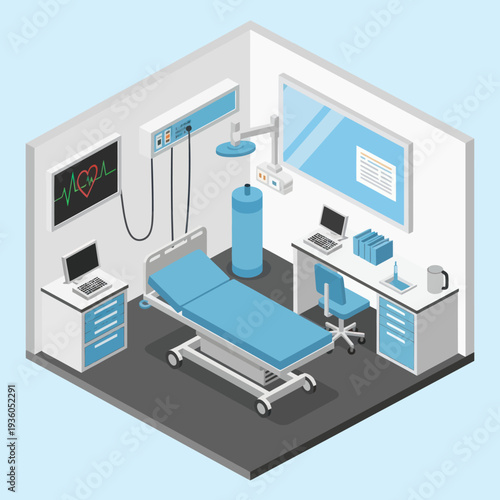 Hospital Room with Medical Equipment and Bed.