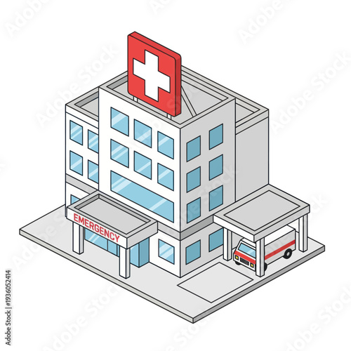 Hospital Building with Red Cross Sign.
