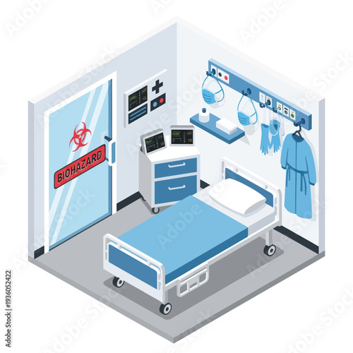 Hospital Room with Medical Equipment and Bed.