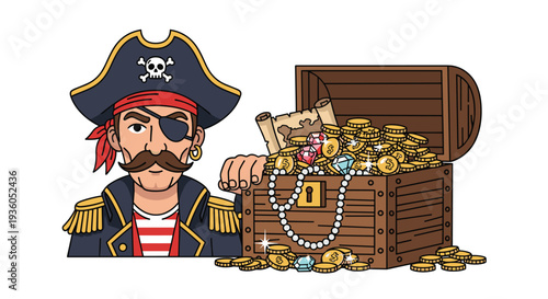 A cartoon pirate with an eyepatch and mustache stands beside an open treasure chest filled with gold coins and sparkling jewels on a white background.