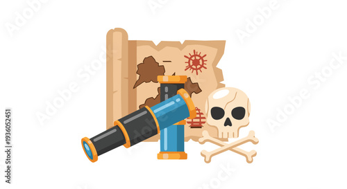 A rolled-up treasure map, a blue telescope, and a white skull with crossed bones are neatly arranged on a plain white background.