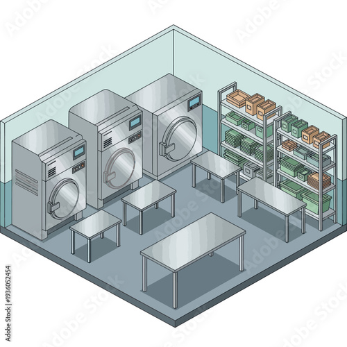 Laundry Room with Machines and Detergent Storage.