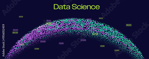 Eye-catching wave of glowing purple, cyan and green orbs forms a dynamic data pattern on navy background with coordinate labels and bold lime Data Science title.