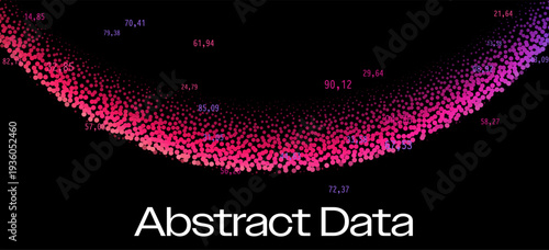 Wave of glowing red, orange, pink and purple dots creates abstract data flow on black background with numerical values. Conceptual vector illustration for abstract data, digital analytics.