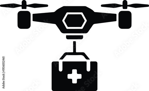 Silhouette drone delivering emergency medical first aid kit vector illustration