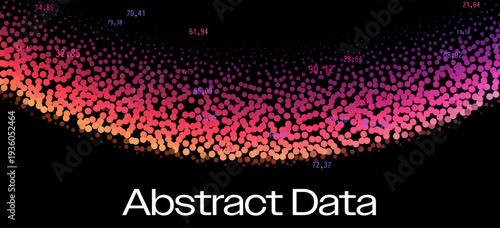 Wave of glowing red, orange, pink and purple dots creates abstract data flow on black background with numerical values. Conceptual vector illustration for abstract data, digital analytics.