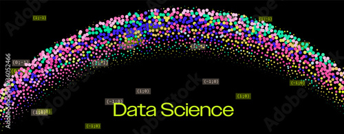 Dense multicolored particle wave in pink blue green yellow forms arched data cluster on black with coordinate labels. Conceptual vector illustration for data science, analytics visualization.