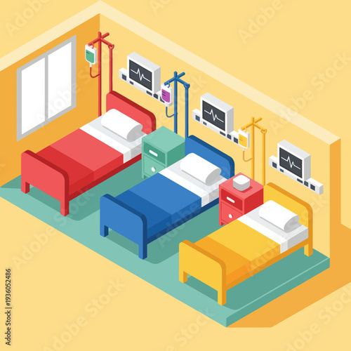 Hospital Room with Three Beds and Equipment.