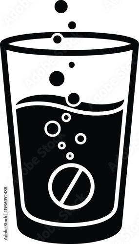 Silhouette effervescent tablet dissolving in water glass creating bubbles vector illustration