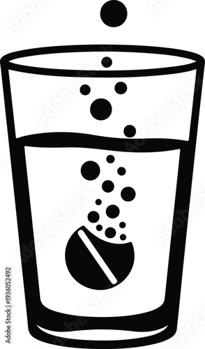 Silhouette effervescent pill dissolves in a glass of water vector illustration