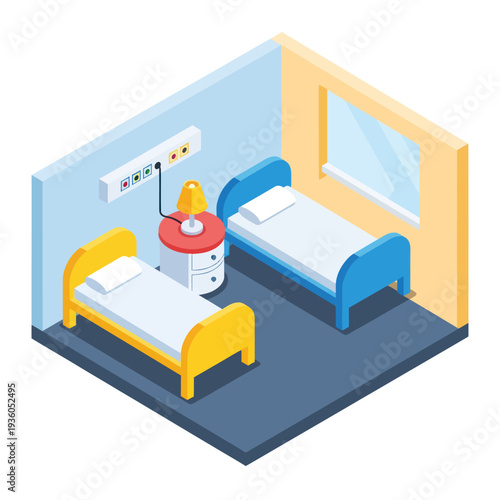 Hospital Room with Two Beds and Nightstand.