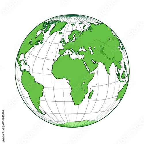 Earth Globe Illustration with Green Continents on a White Background