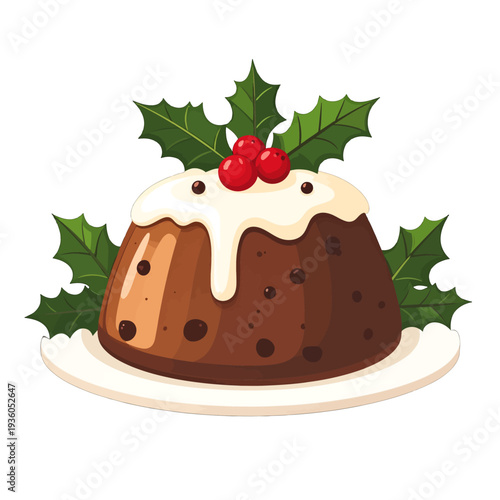Festive Chocolate Pudding Drizzled with White Cream and Holly Leaves on a White Plate Christmas Decoration