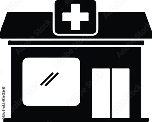 Silhouette hospital building icon with a medical cross sign vector illustration