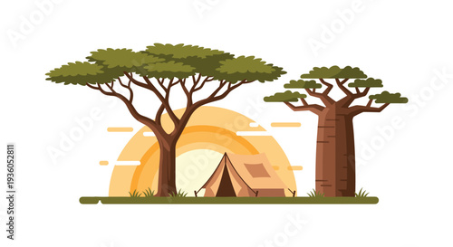 A small camping tent is pitched between a broad acacia tree and a tall baobab tree with a stylized sunset arc on a white background.