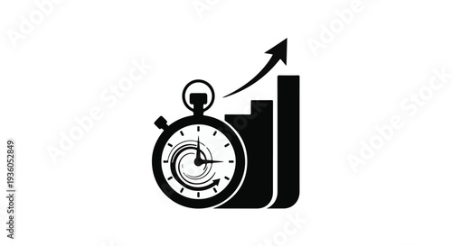 Productivity timer stopwatch with growing business graph and upward trend arrow in black and white