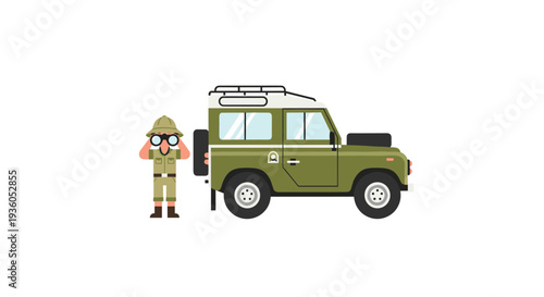 A cartoon explorer in a pith helmet holds binoculars next to a green off-road vehicle with a white roof rack on a plain white background.