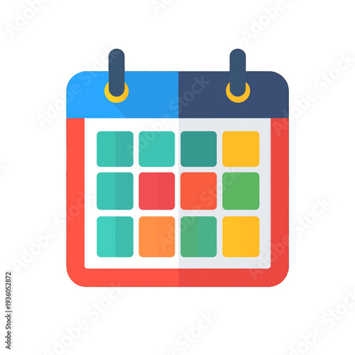 Flat Design Calendar Icon with Red Border and Colored Date Blocks on White Background
