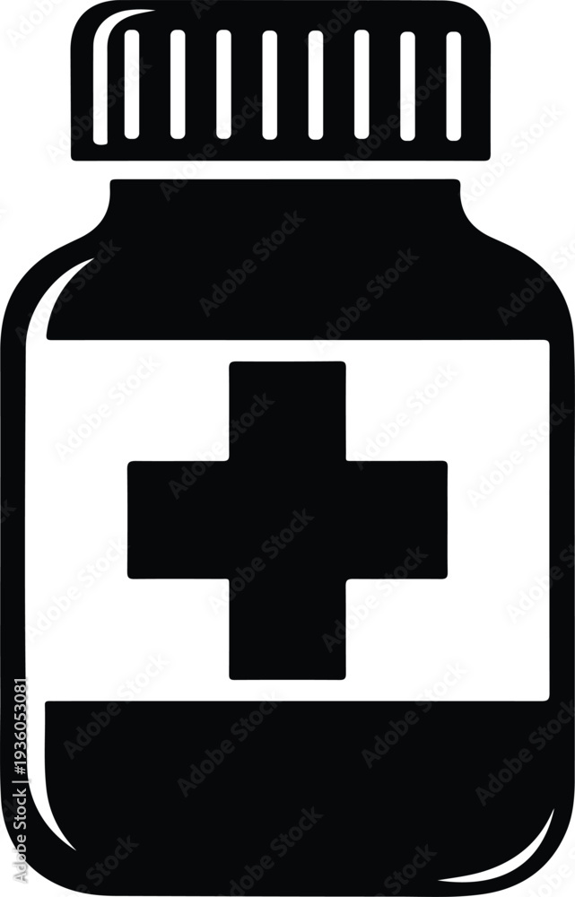 Fototapeta premium Silhouette medical medicine bottle icon with cross symbol on label vector illustration