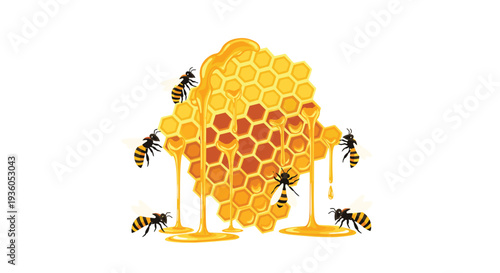 Six cartoon bees surround a large, irregular honeycomb structure dripping with golden honey on a stark white background.