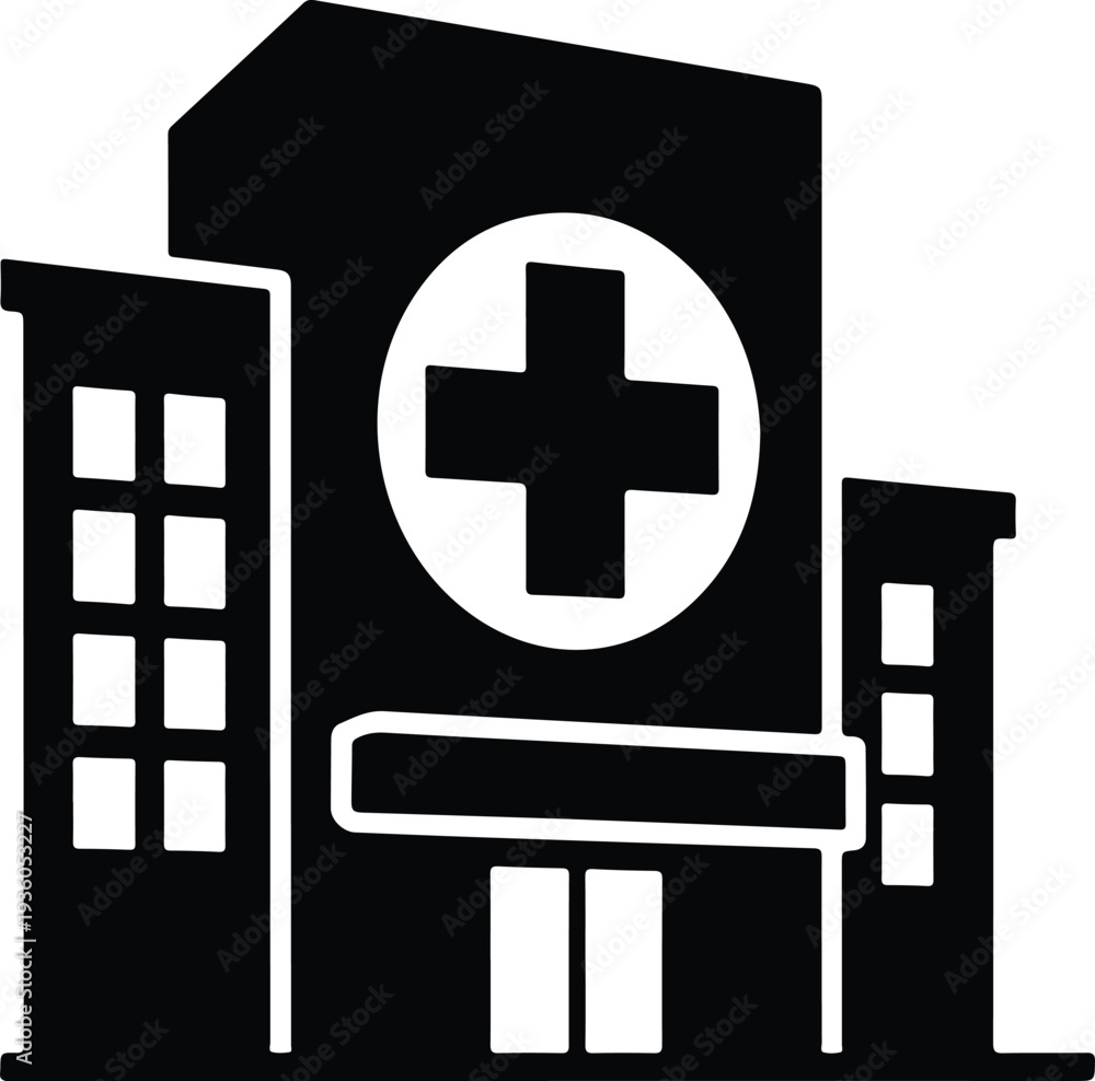 Obraz premium Silhouette modern hospital building with cross symbol medical facility vector illustration
