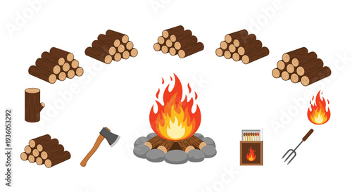 A central campfire with orange and red flames burns atop a ring of grey stones, surrounded by various camping elements.