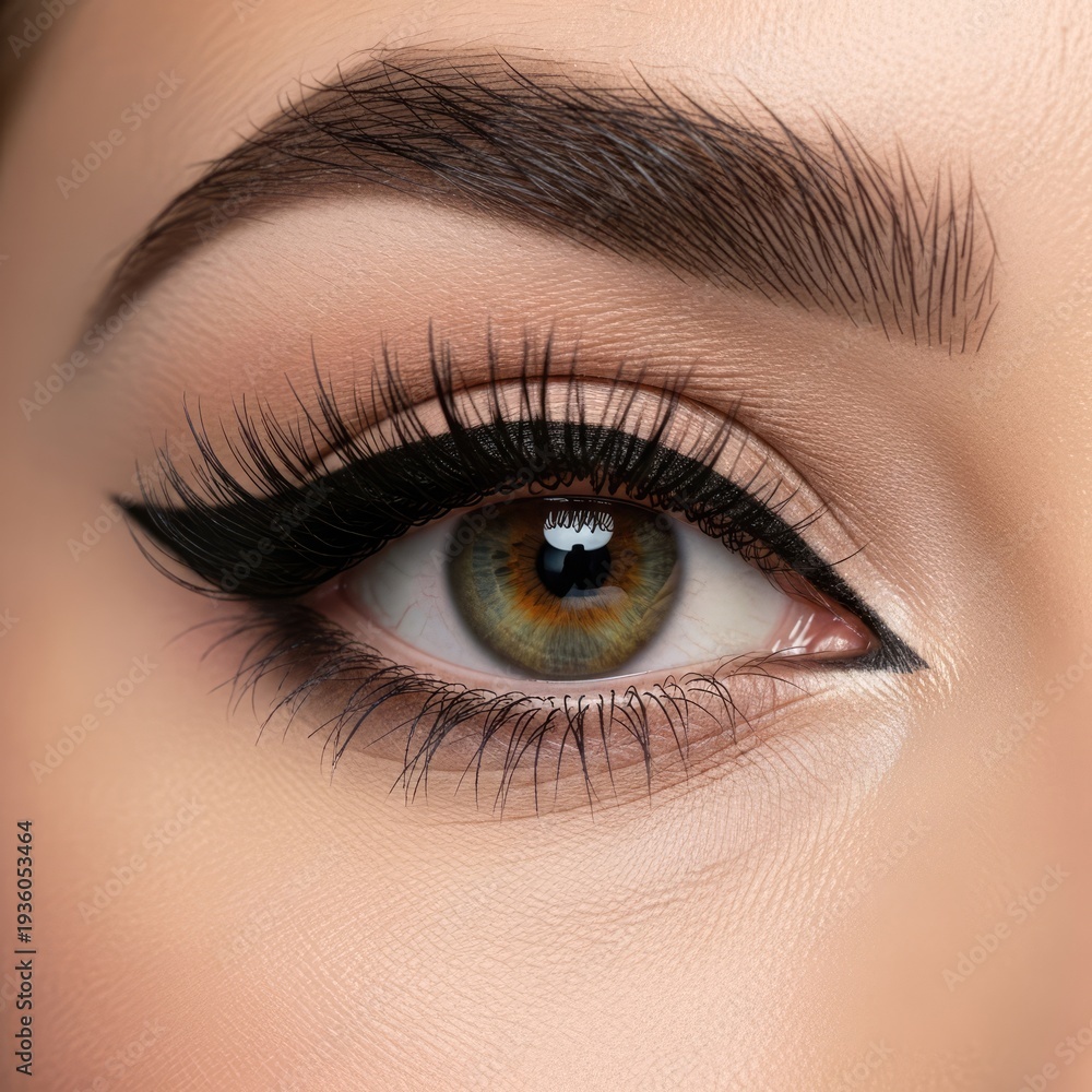 Obraz premium Close up of woman's eye with dramatic black eyeliner and long eyelashes looking forward