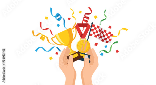 Two human hands are holding a golden trophy, a gold medal, and a checkered flag while colorful confetti falls around them on a white background.