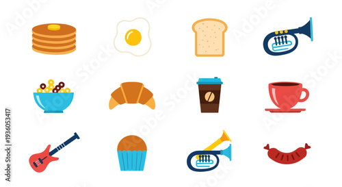 Breakfast food and musical instruments vector icons